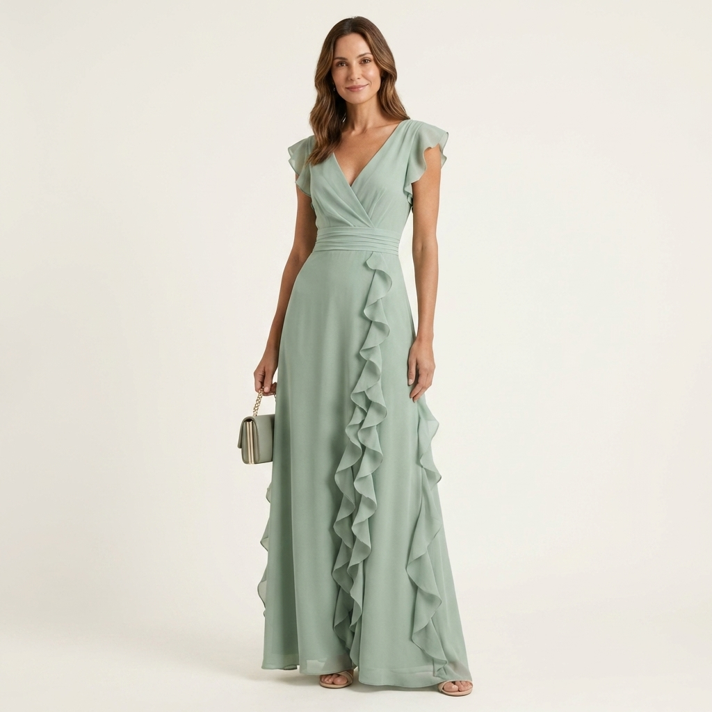 Nellyana | Wrap-Style V-Neck Flutter-Sleeve Cascading Ruffle Maxi Dress