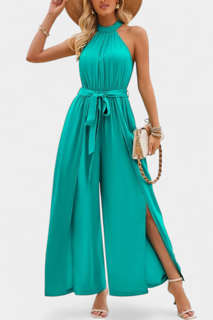 Asymmetrical One-Shoulder Jumpsuit with Bow Accent by Nyree