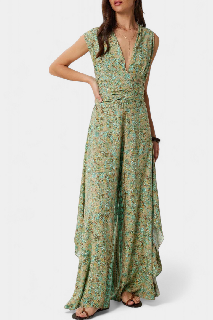 Leandra Floral Wrap Jumpsuit with Open Back Design