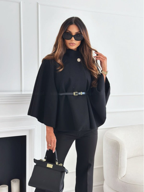 Women's Cape Coat with High Neck and Belted Waist