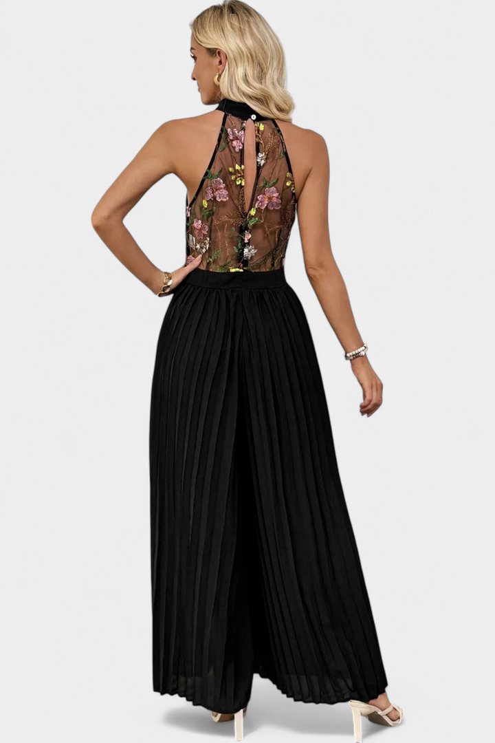 Maruja Floral Lace Halter Jumpsuit with Pleated Palazzo Pants