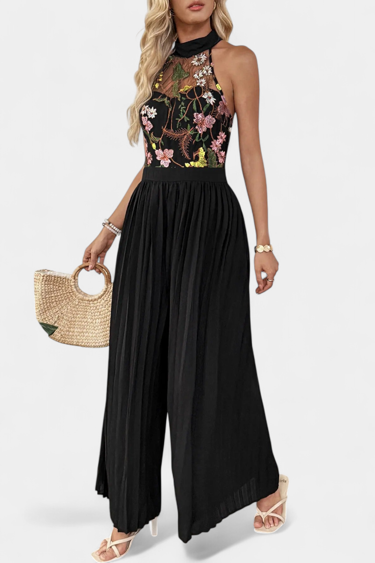 Maruja Floral Lace Halter Jumpsuit with Pleated Palazzo Pants