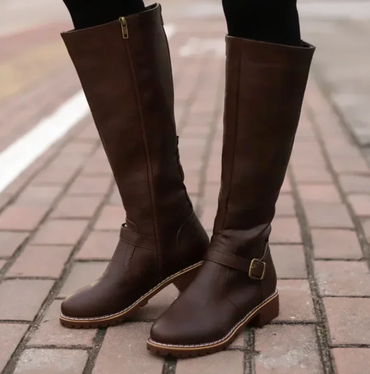 Women's Knee High Boots with Buckle Strap and Low Block Heel