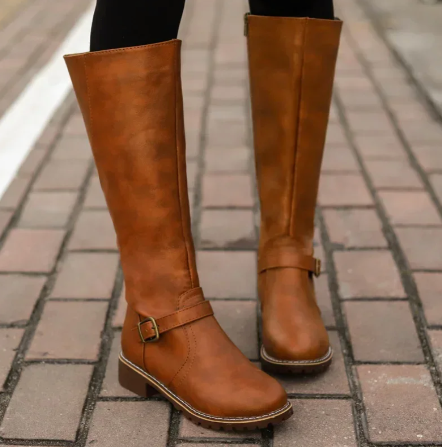 Women's Knee High Boots with Buckle Strap and Low Block Heel