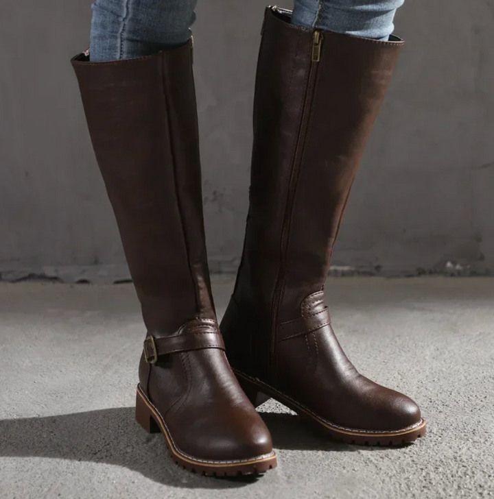Women's Knee High Boots with Buckle Strap and Low Block Heel